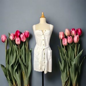 THEORY NWT SALINA DRESS WHITE CRUNCH STRETCH LINEN BELTED BUTTON TANK DR…